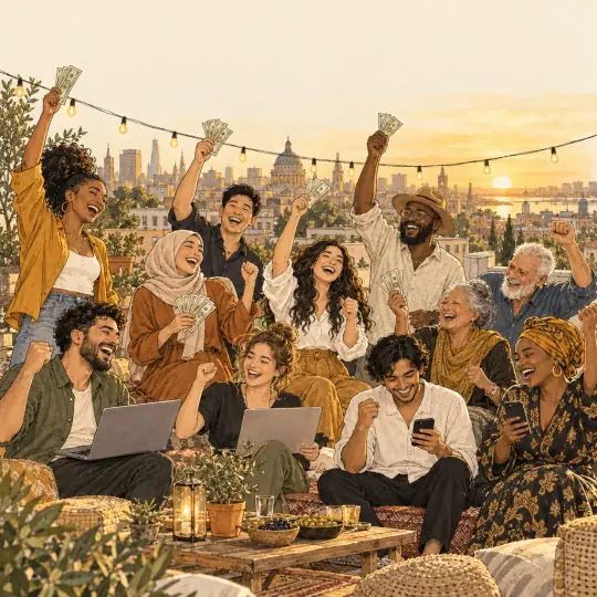 Sketch of a big, diverse group celebrating on a rooftop at sunset under string lights, waving money and laptops.