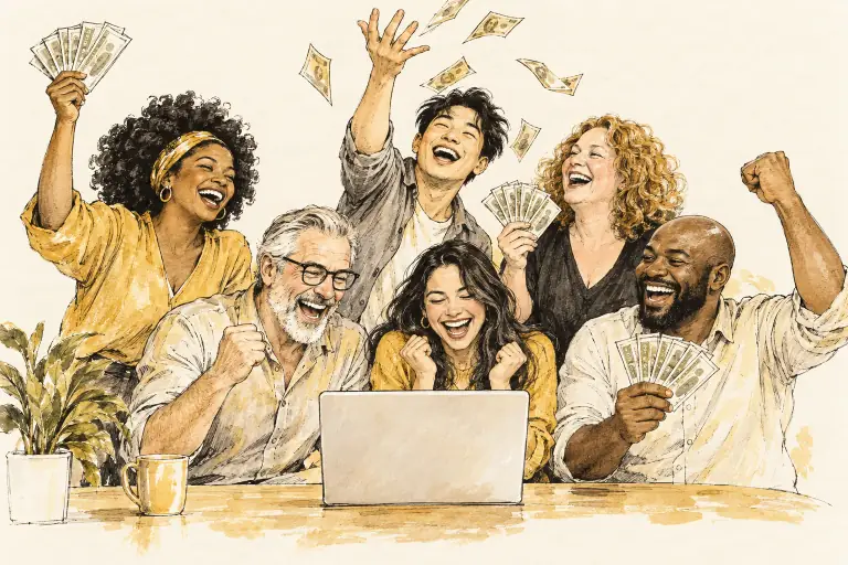 Ink and gold watercolor sketch of six diverse friends laughing around a laptop, waving fans of banknotes as bills fly through the air.