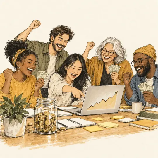 Sketch of five friends at a workshop table full of notebooks, one pointing at a rising chart on a laptop while the others cheer with banknotes.