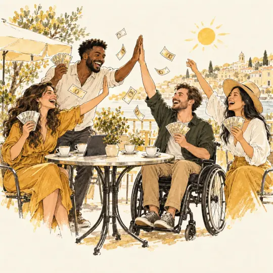 Sketch of four friends at a sunny cafe table, one in a wheelchair, giving high-fives and holding banknotes.